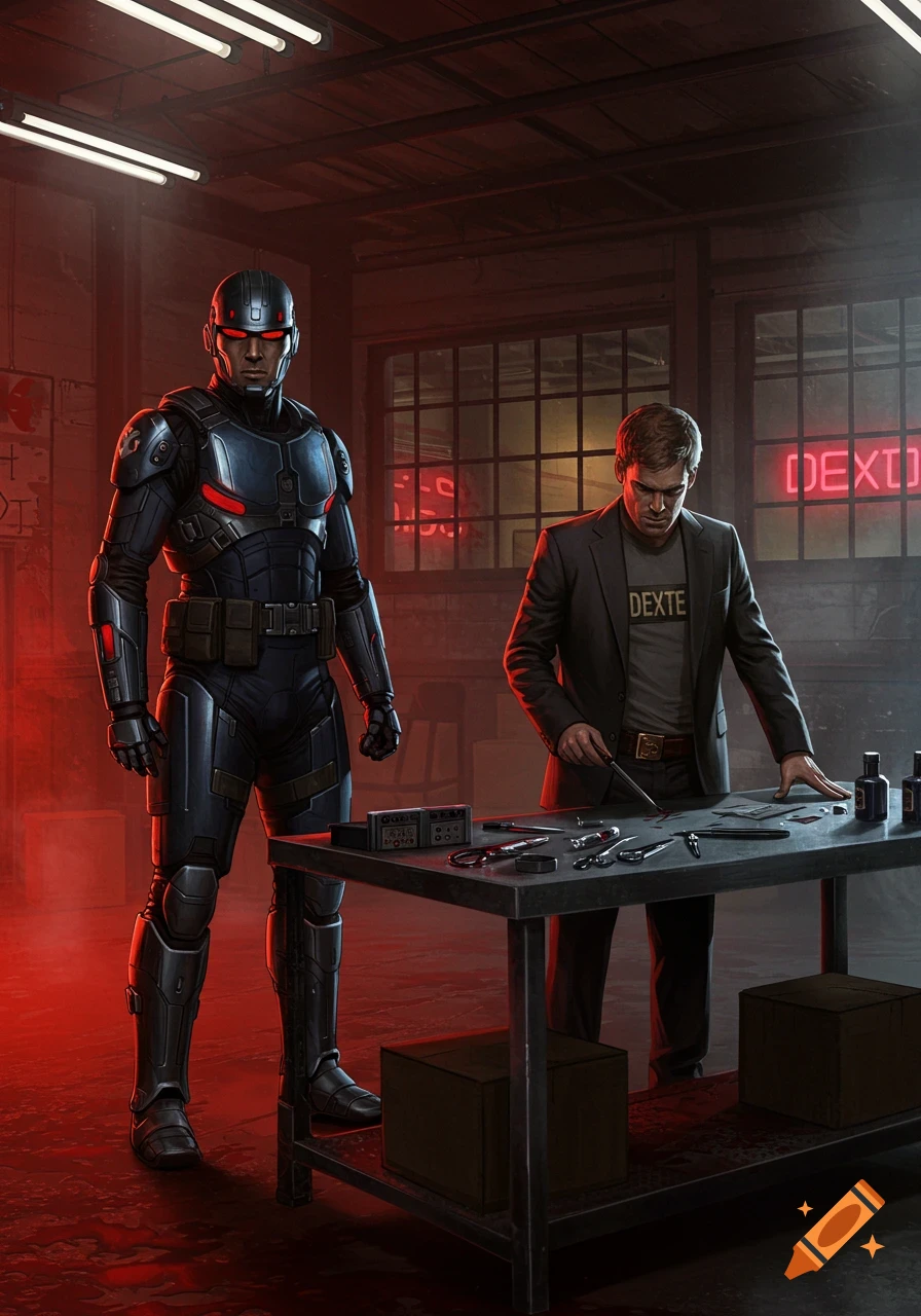A man in dark futuristic armor stands next to a man in a suit examining tools on a table, in a red-lit room with neon signs.