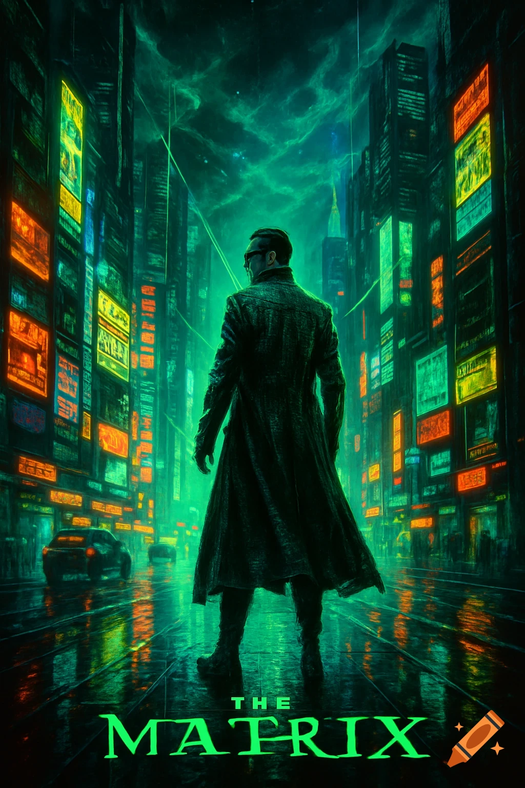 A man in a trench coat, seen from behind, stands in a green-lit cyberpunk city. The glowing title "THE MATRIX" is at the bottom.