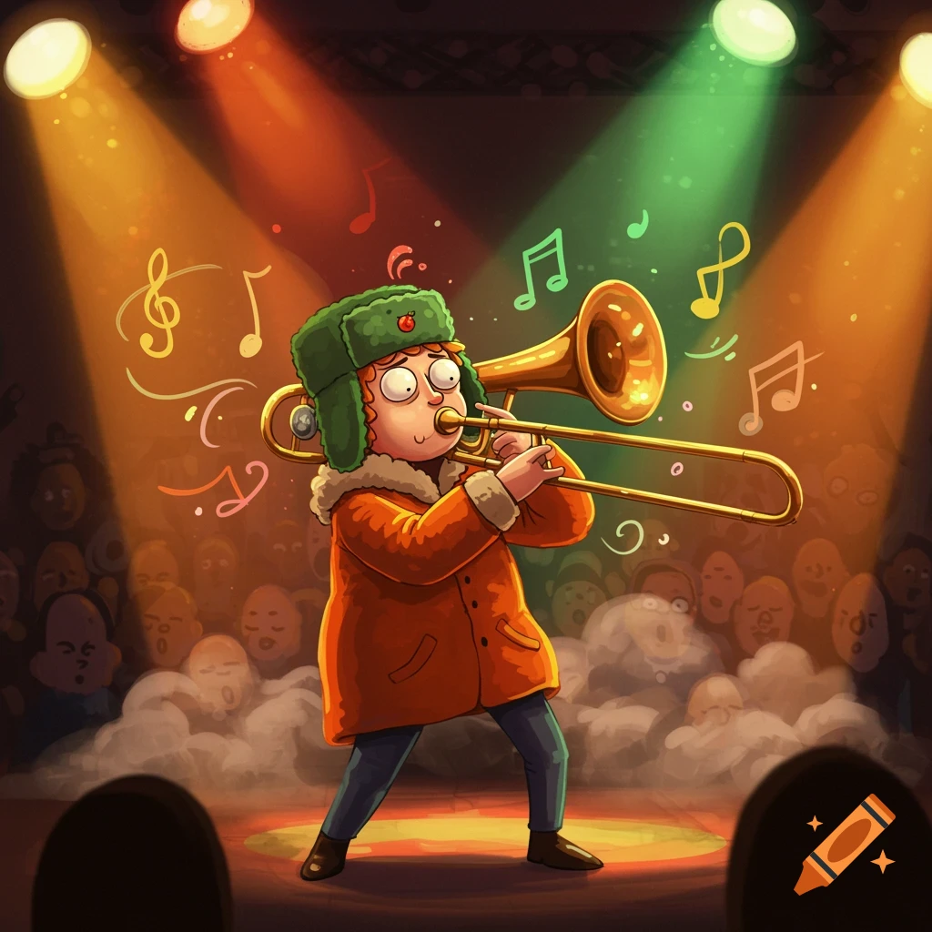 Cartoon boy, like Kyle Broflovski, plays a trombone on a stage under colorful spotlights, with a blurred audience, in an animated style.