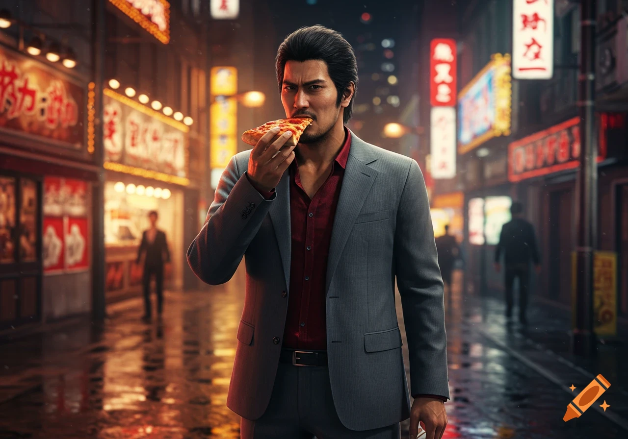 Kazuma Kiryu, a man in a grey suit and red shirt, eats a slice of pizza on a neon-lit, rainy city street at night.