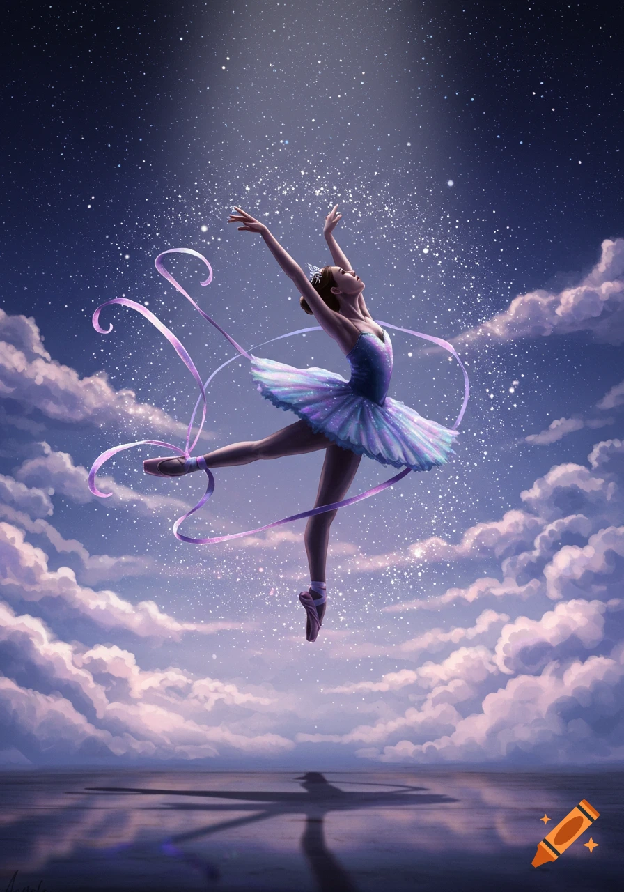 A graceful ballerina leaps through a starry, cloudy sky, with light shining down and a reflection below. Dreamlike art.
