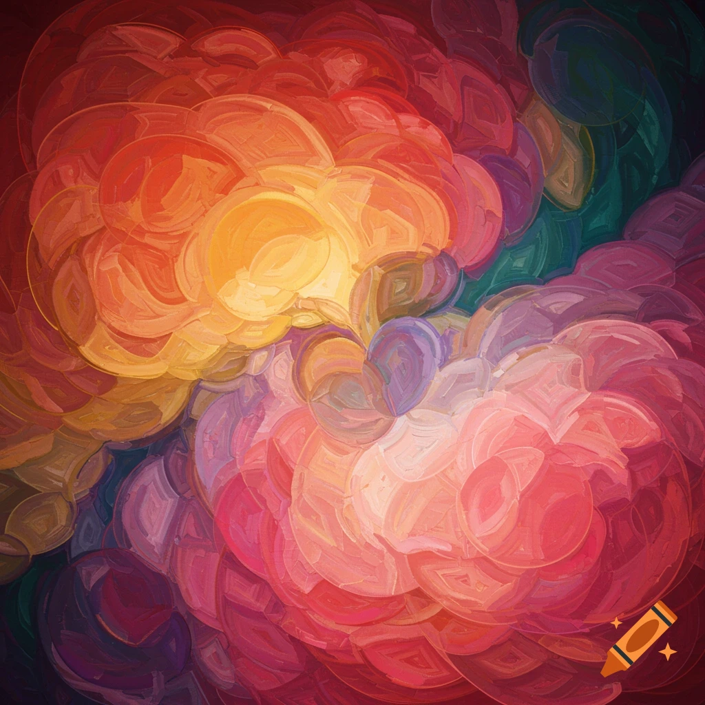 Vibrant abstract painting with swirling organic shapes in warm reds, oranges, and yellows, blending into cooler purples and greens.