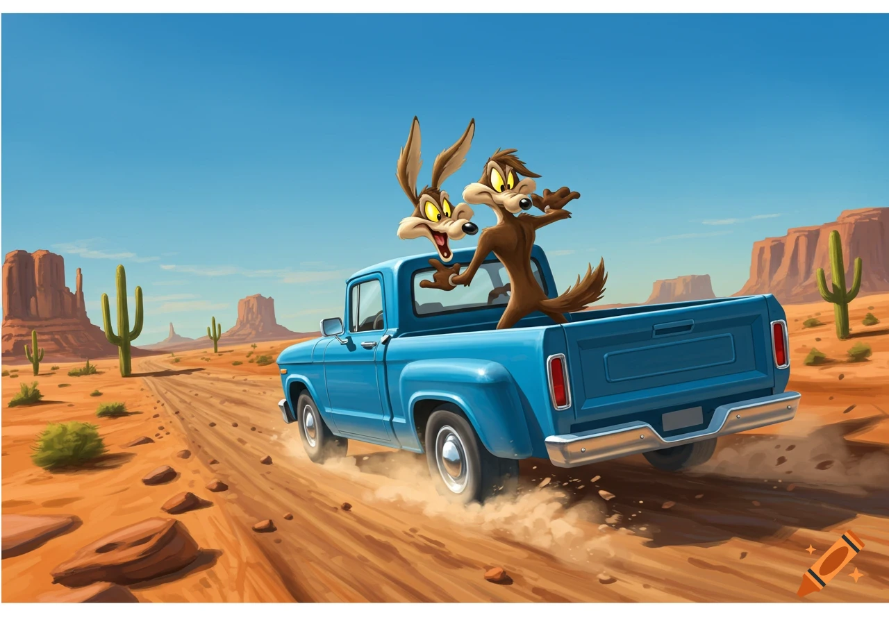 Cartoon Wile E. Coyote and another character riding in a blue pickup truck on a dusty desert road with cacti and mesas.
