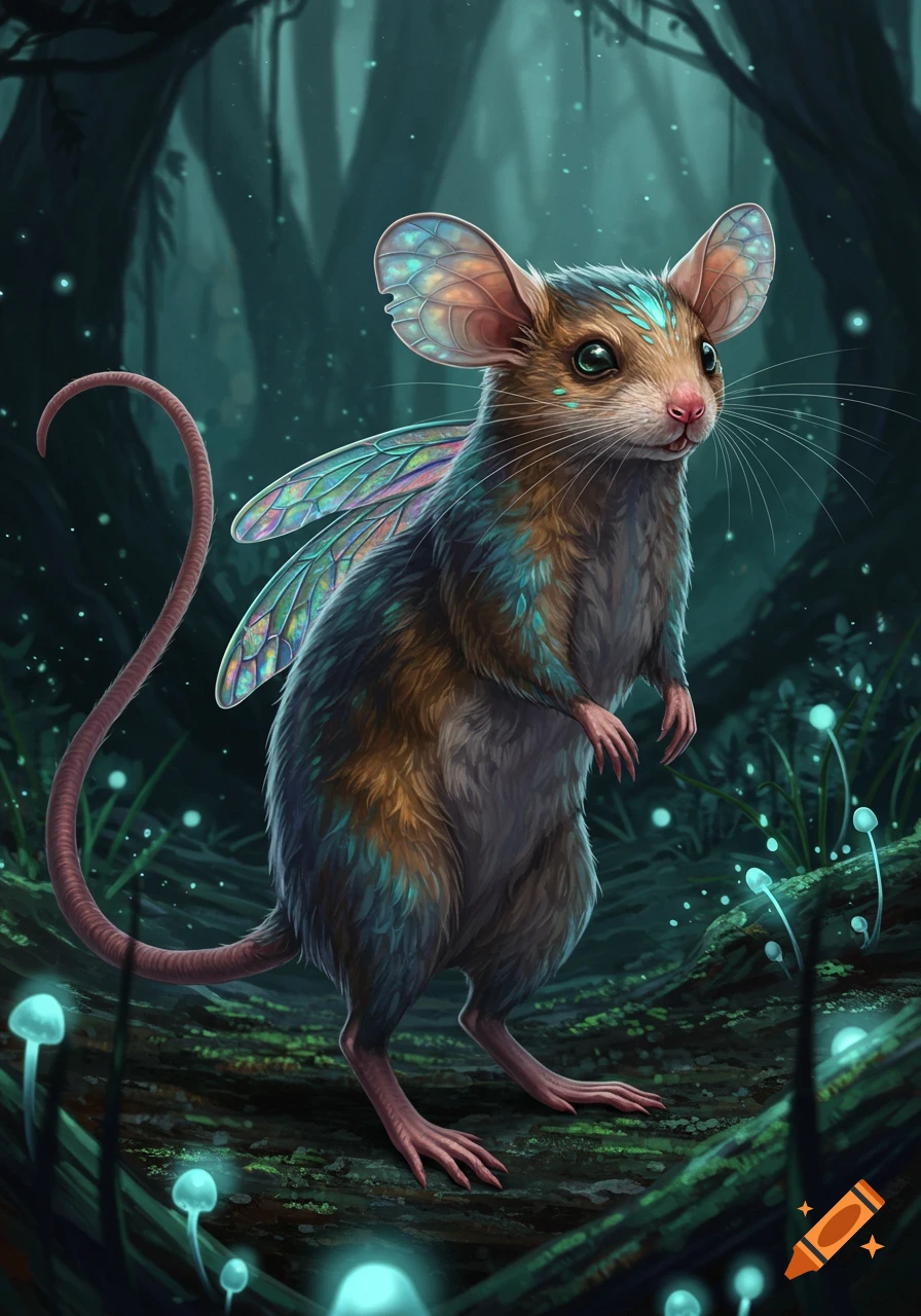 A detailed fantasy rodent with iridescent wings stands upright in a dark, magical forest with glowing blue mushrooms.