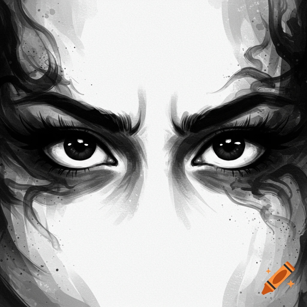 Close-up of intense eyes in a black and white, painterly style.