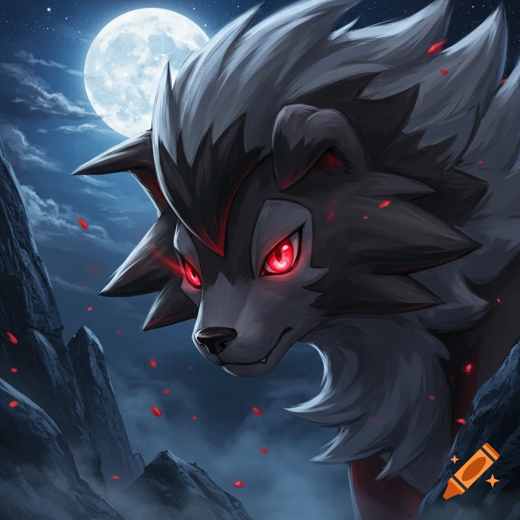A stylized dark wolf-like creature with glowing red eyes stares intently under a bright full moon in a misty, rocky landscape.