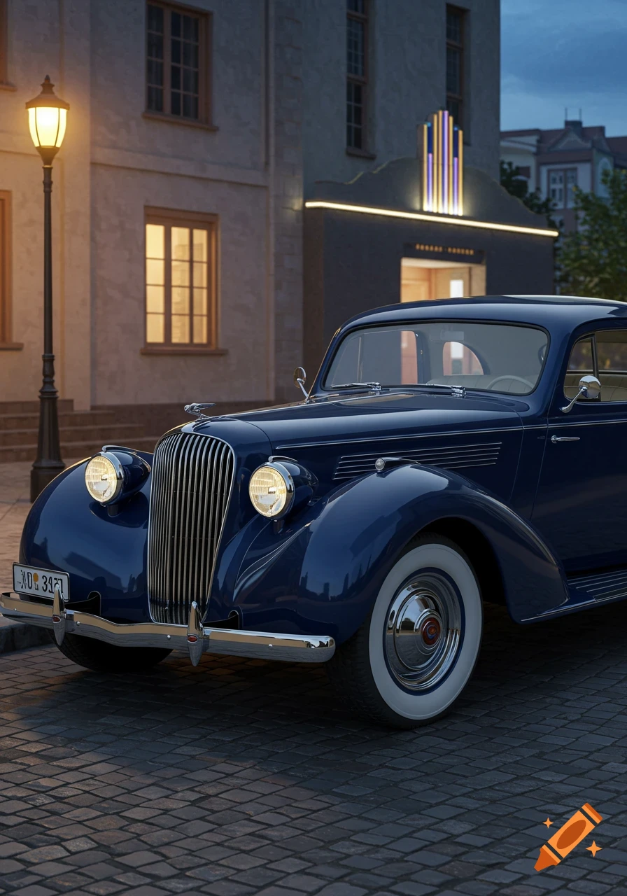 A dark blue vintage car with whitewall tires parked on a cobblestone street at dusk, in front of an illuminated building.
