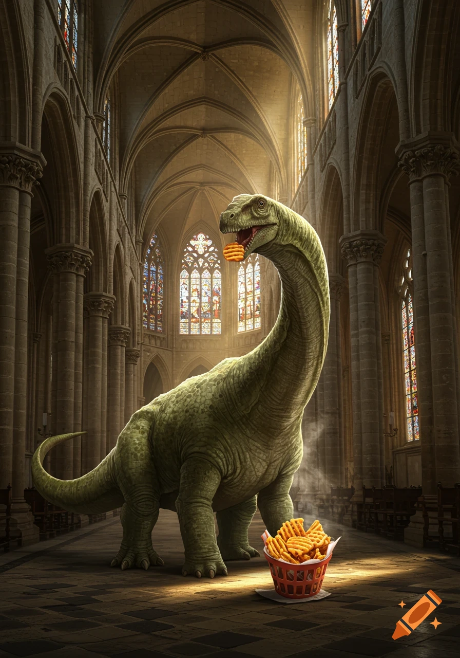 A photorealistic dinosaur stands in a grand church, eating waffle fries from a basket on the floor.