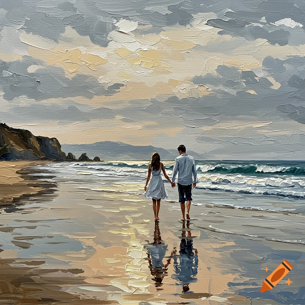 A textured palette knife painting depicts a couple holding hands, walking along a beach at sunset, with cliffs and waves.