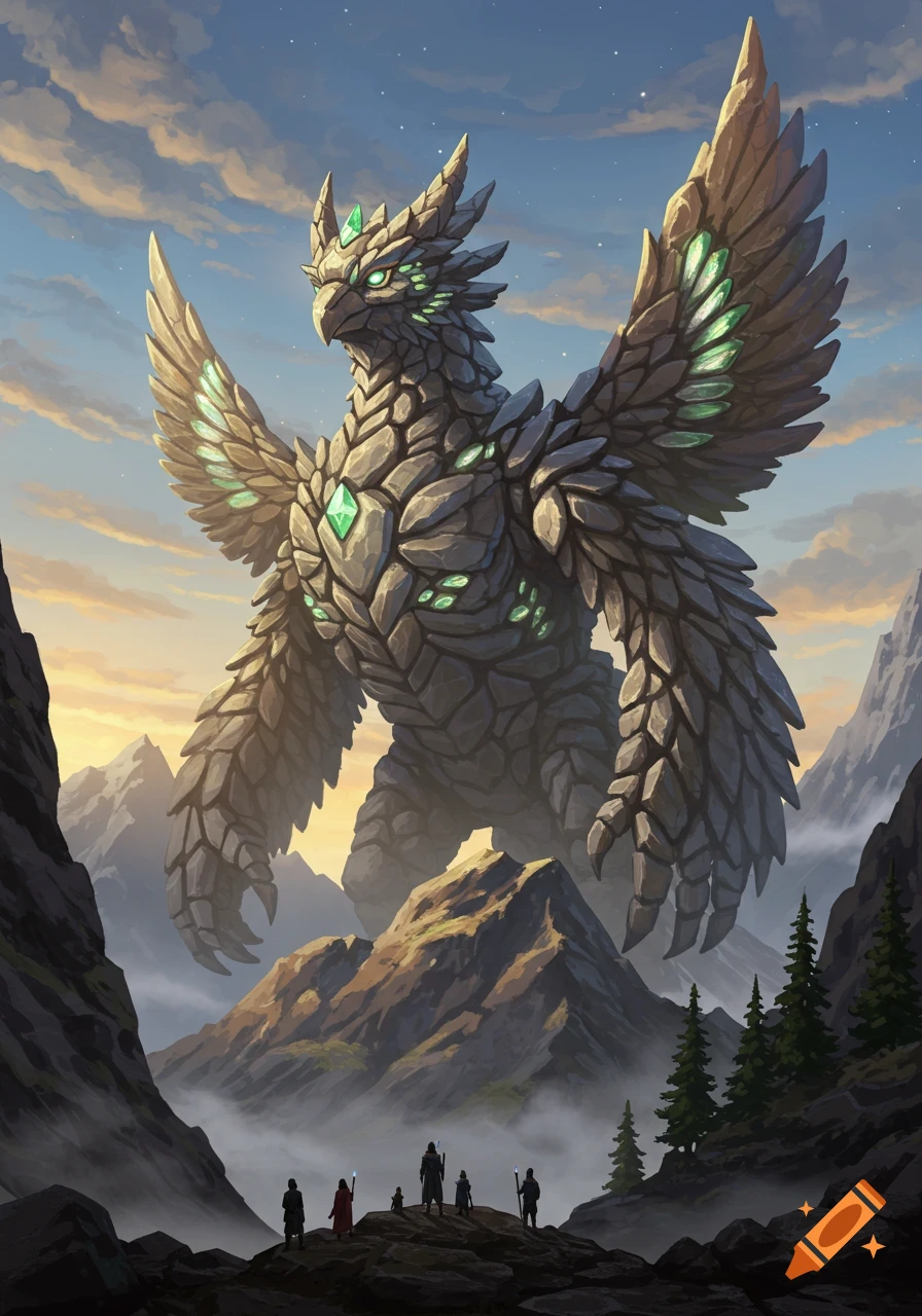 Giant, majestic rock monster with glowing green gems resembling a bird, overlooks tiny humans in a grand mountain landscape at sunset.