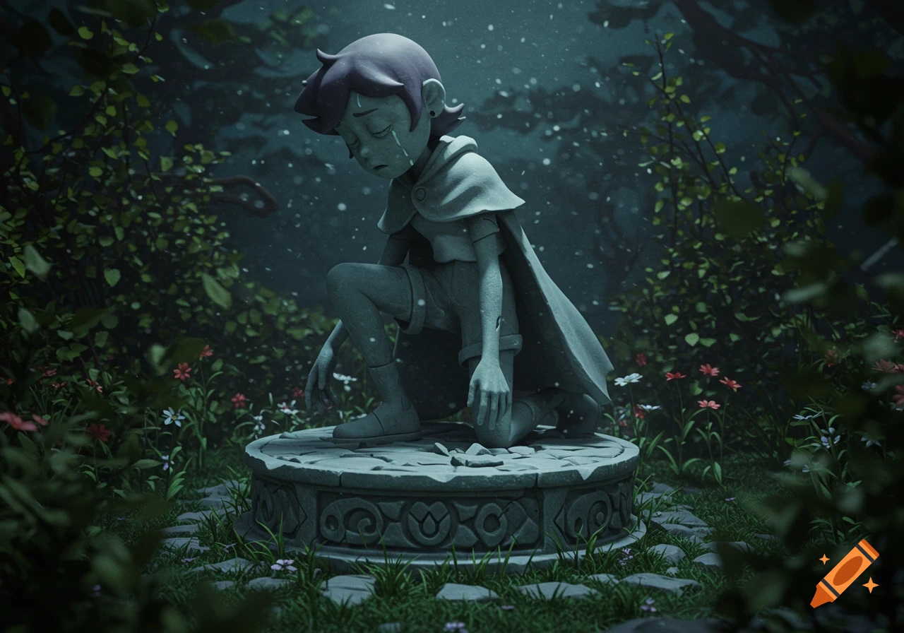 3D rendered statue of Luz from The Owl House kneeling and crying on a pedestal in a dark, overgrown forest.