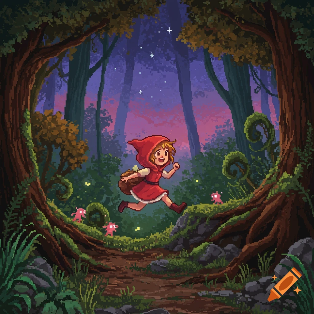 Pixel art of a cheerful girl in a red hood running through a dark, magical forest at twilight.