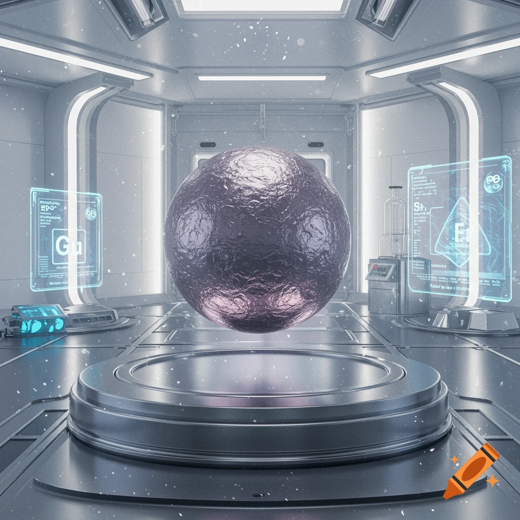 A futuristic laboratory with a large textured metallic orb floating above a pedestal, surrounded by holographic displays.