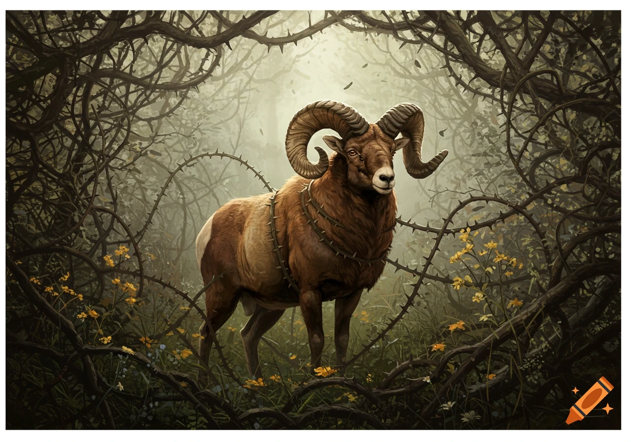 A majestic brown ram with large horns stands in a dense, thorny forest thicket with yellow flowers, in an illustrative style.