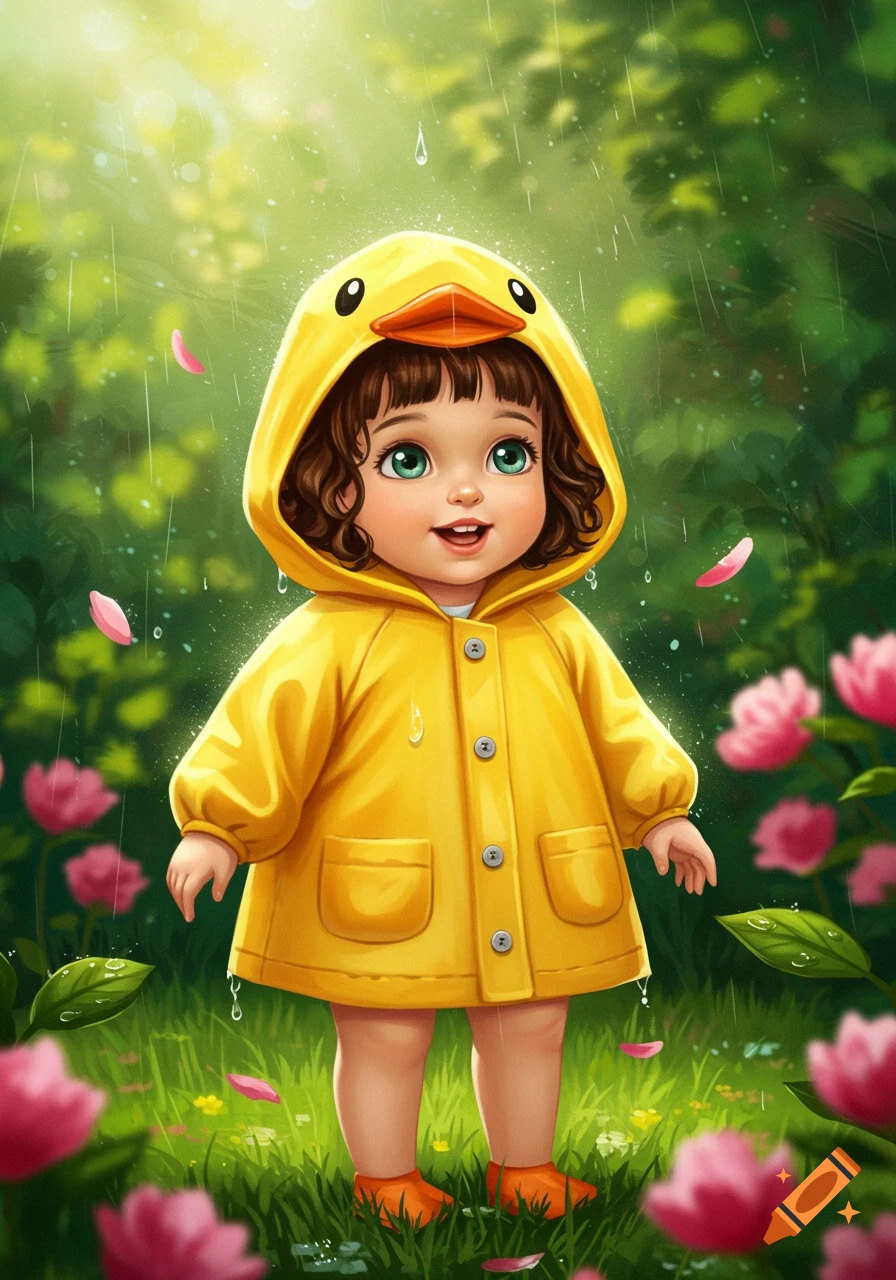 A cute toddler girl in a yellow duck raincoat stands smiling in a lush green field with pink flowers as it gently rains.