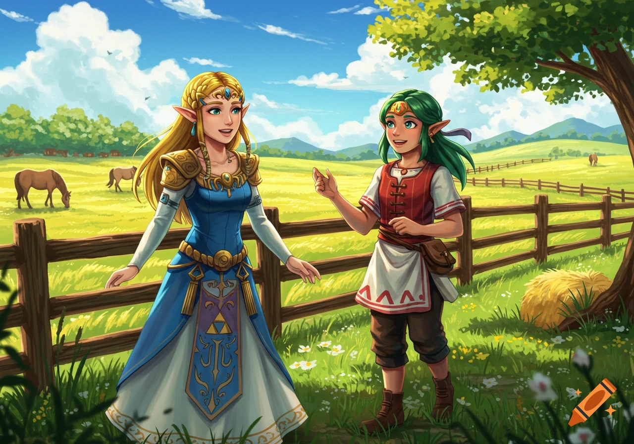 Princess Zelda and Malon, a green-haired girl, stand smiling in a sunny, green countryside field with a wooden fence and horses. Anime style.