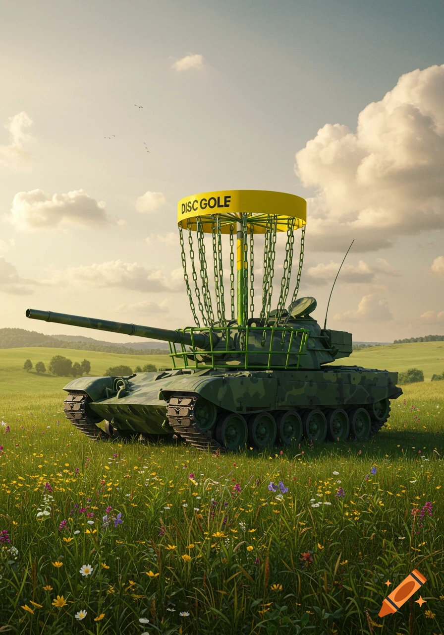 A camouflage tank with a disc golf basket on top stands in a field of wildflowers under a cloudy sky.