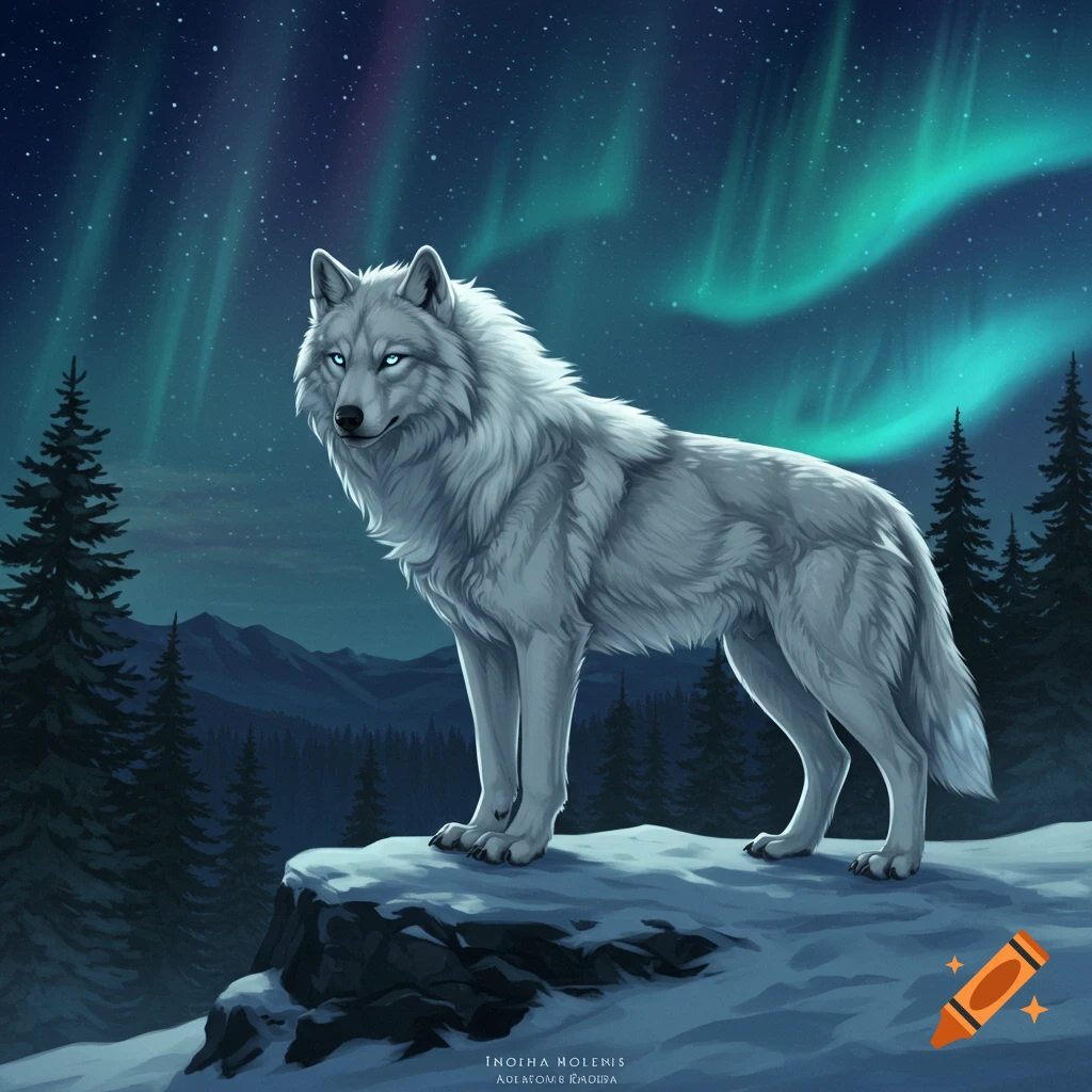 A white wolf with glowing blue eyes stands on a snowy cliff overlooking a pine forest, illuminated by vibrant Northern Lights. Digital art.
