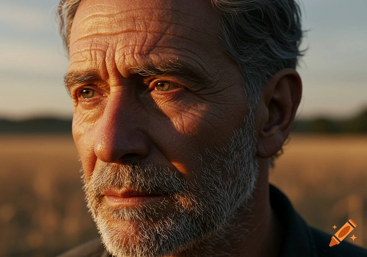 A close-up, photorealistic portrait of an older man with a grey beard and wrinkled face, looking towards the light at sunset.