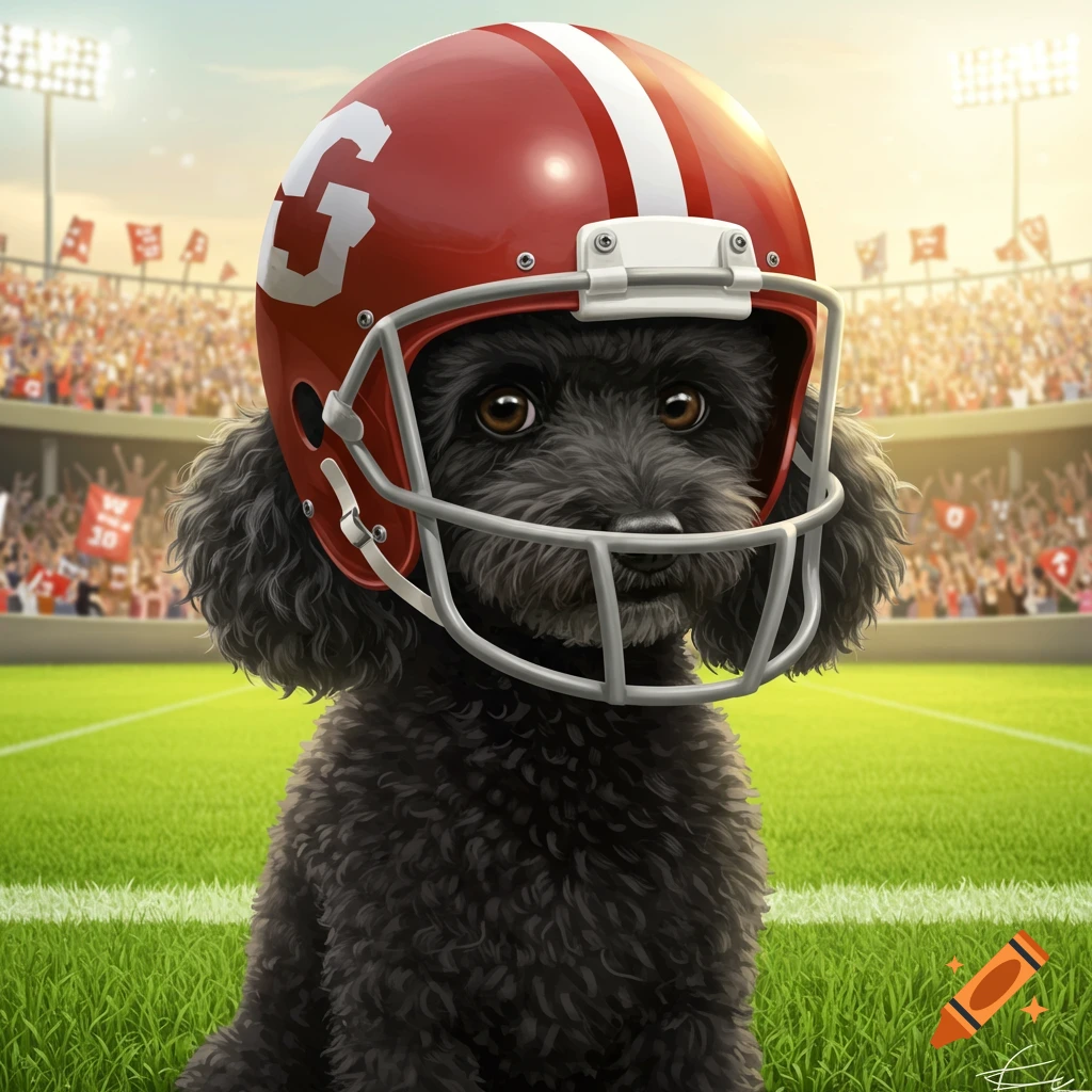 A black mini poodle wearing a red and white football helmet sits on a green field in a stadium filled with spectators.