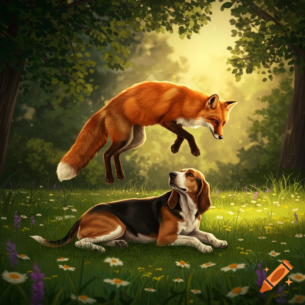 A digital art illustration of a brown fox levitating over a beagle dog lying in a vibrant green, wildflower-filled forest.