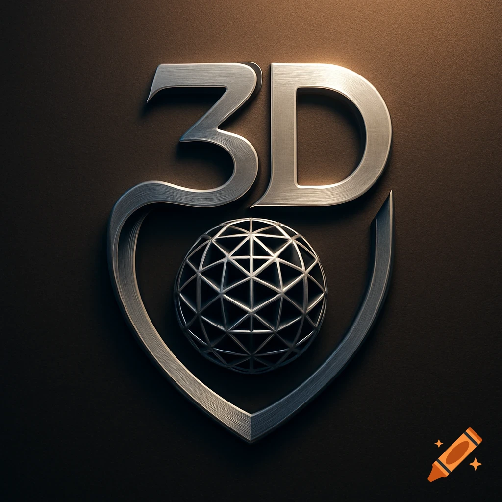 Photorealistic metallic 3D logo with a geodesic sphere inside a shield-like frame on a dark textured background.