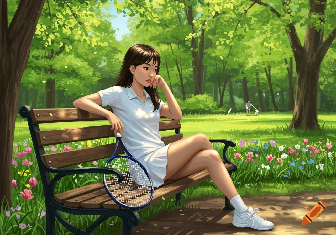 Illustrated Asian woman in a white tennis outfit sitting on a park bench with a racket, surrounded by green trees and flowers.