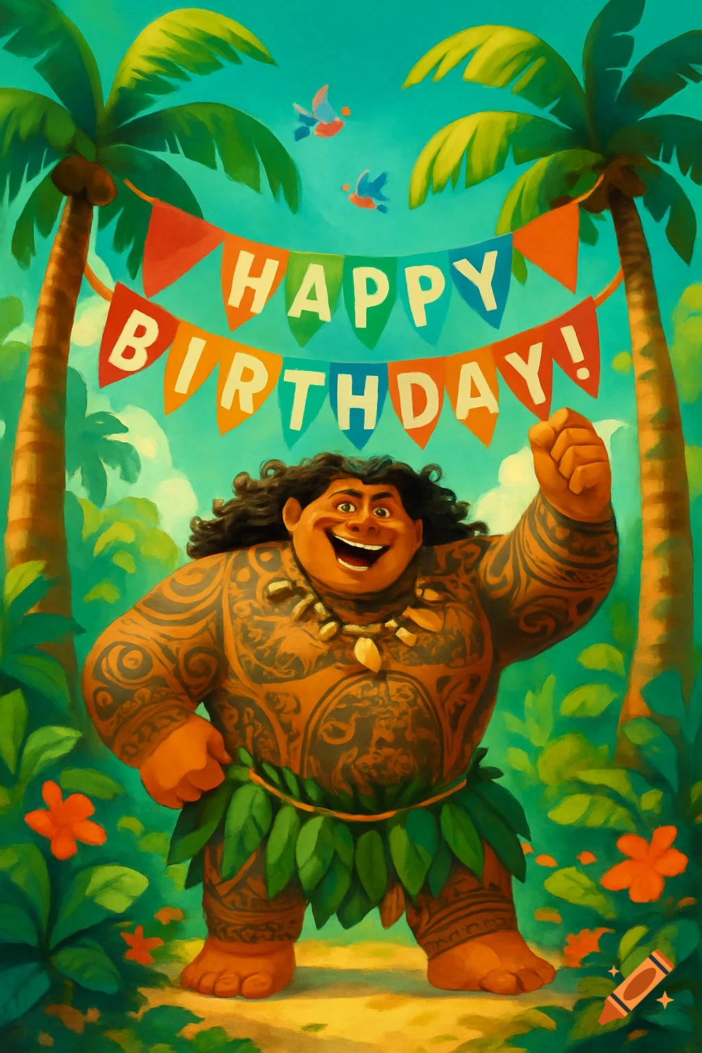 Cartoon illustration of Maui from Moana smiling and raising his fist, standing in a lush tropical jungle under a 'Happy Birthday!' banner.