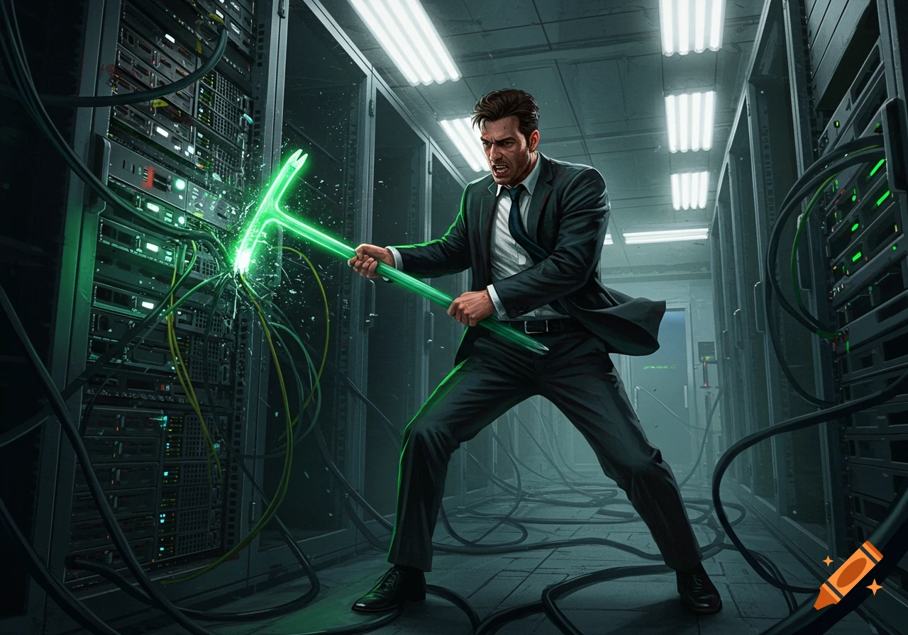 An angry man in a suit violently smashes computer servers with a glowing green crowbar in a dark server room.