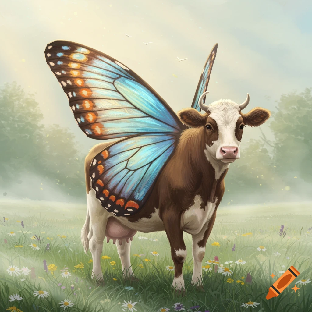 A brown and white cow with large, vibrant blue and orange butterfly wings stands in a sunny green meadow filled with white and yellow wildflowers.