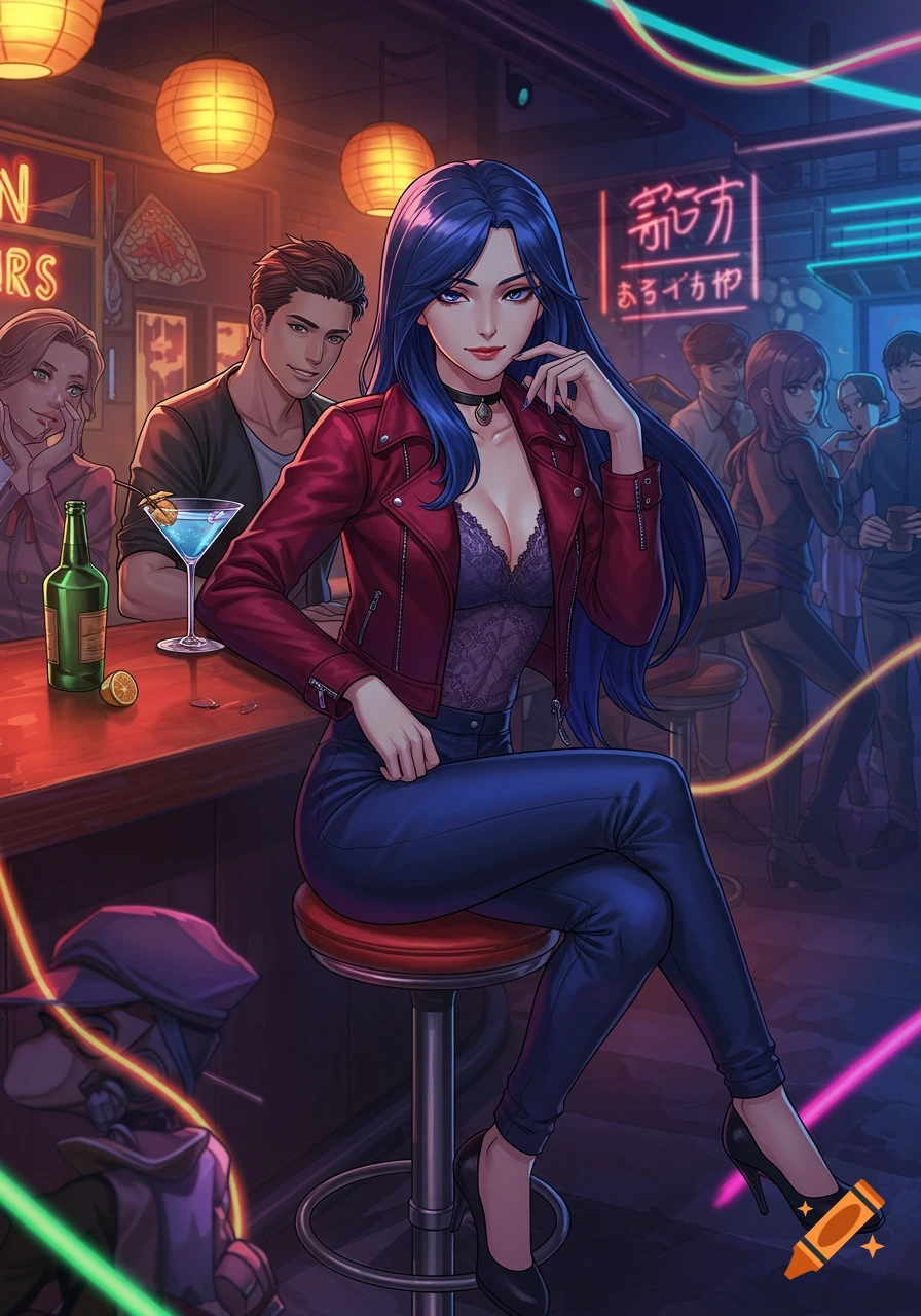 Anime woman with blue hair in a red leather jacket and lace top, sitting at a bar with drinks and other patrons.