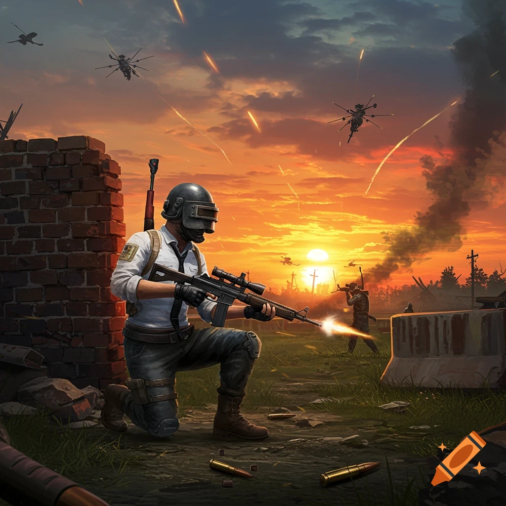 Kneeling soldier in combat gear fires a rifle during a battle at sunset, with helicopters and explosions under an orange sky.