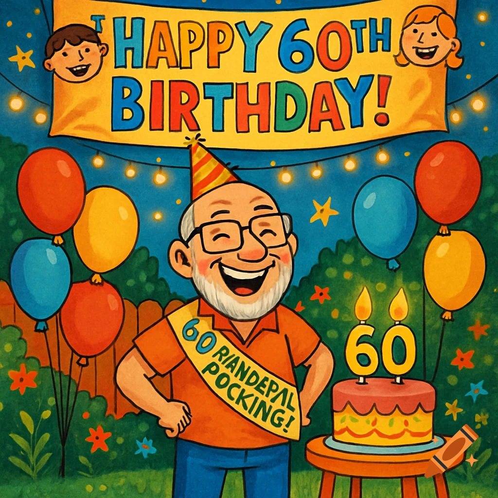 Cartoon of a smiling man with a beard, party hat, and a sash celebrating his 60th birthday with balloons, lights, and a cake.