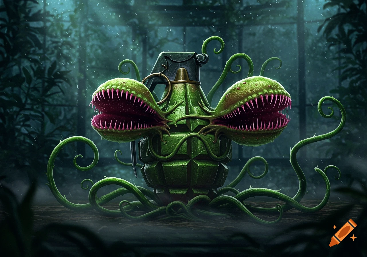 A menacing green grenade with two fanged Venus flytrap mouths and winding vines, in a dark, rainy jungle setting, digital art.