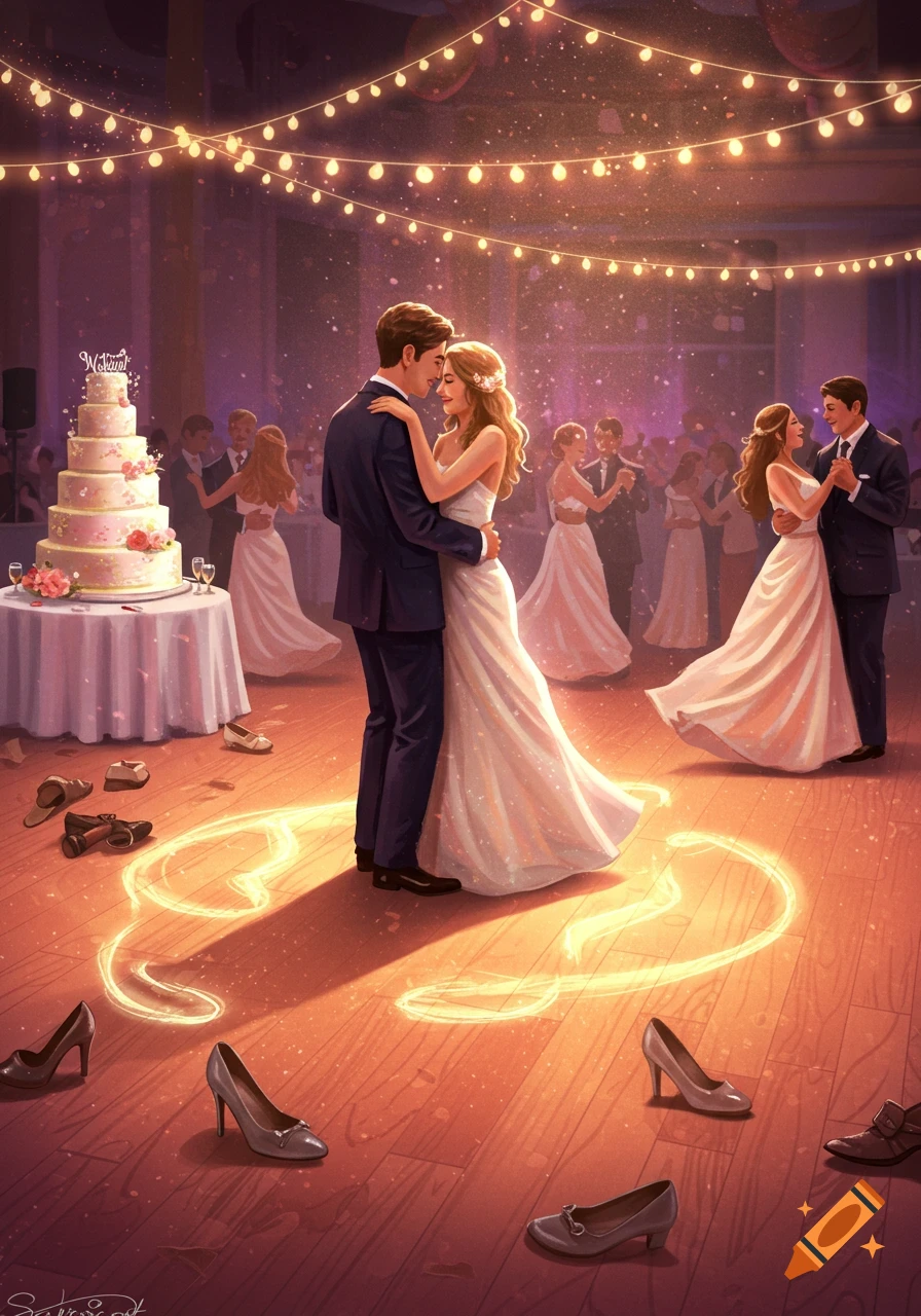 An illustrated wedding reception with a couple dancing, a large cake, and scattered shoes on a sparkling wooden floor.
