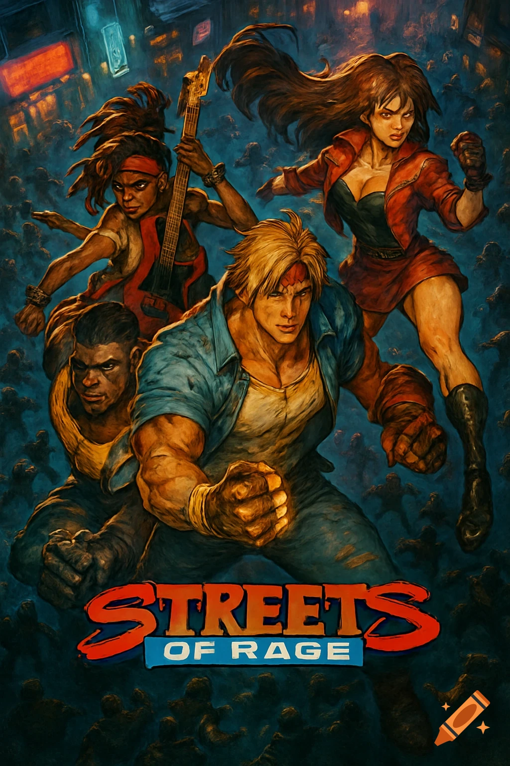 Painterly poster of four diverse characters in fighting poses on a dark, neon city street, with the 'Streets of Rage' title.