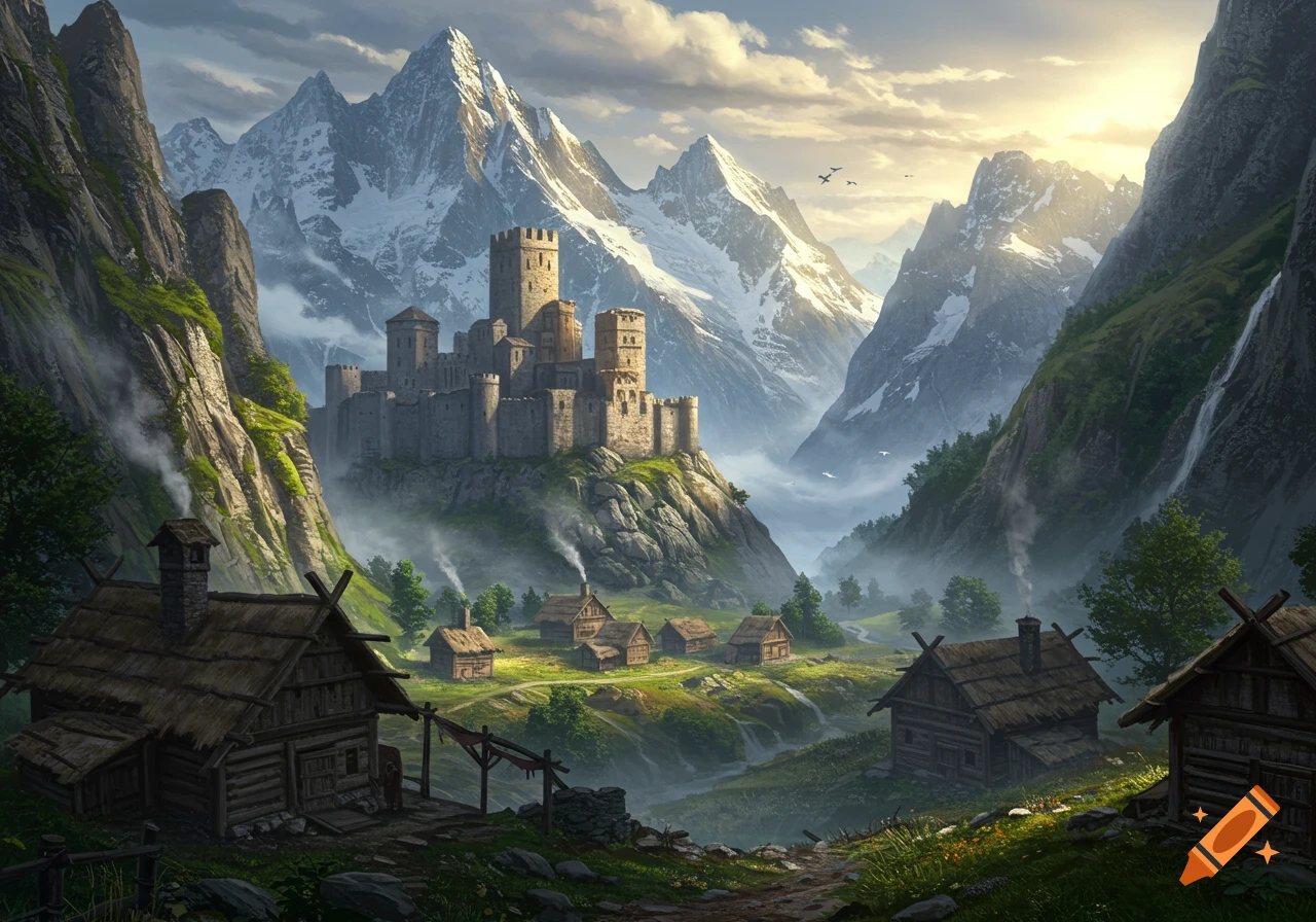 A grand, medieval castle sits atop a rocky hill, overlooking a peaceful mountain village nestled in a lush valley with snow-capped peaks in the background, under a bright, cloudy sky.