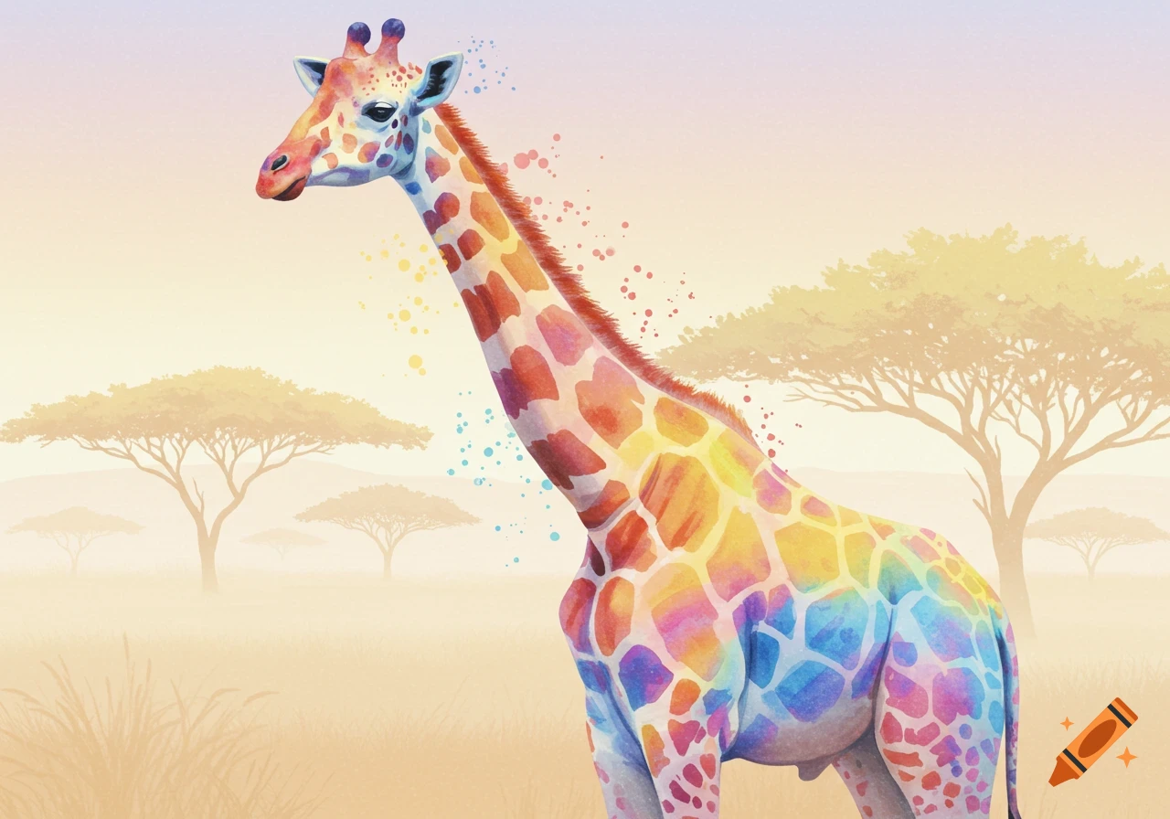 Watercolor painting of a vibrantly colored giraffe standing in a savanna landscape with acacia trees.