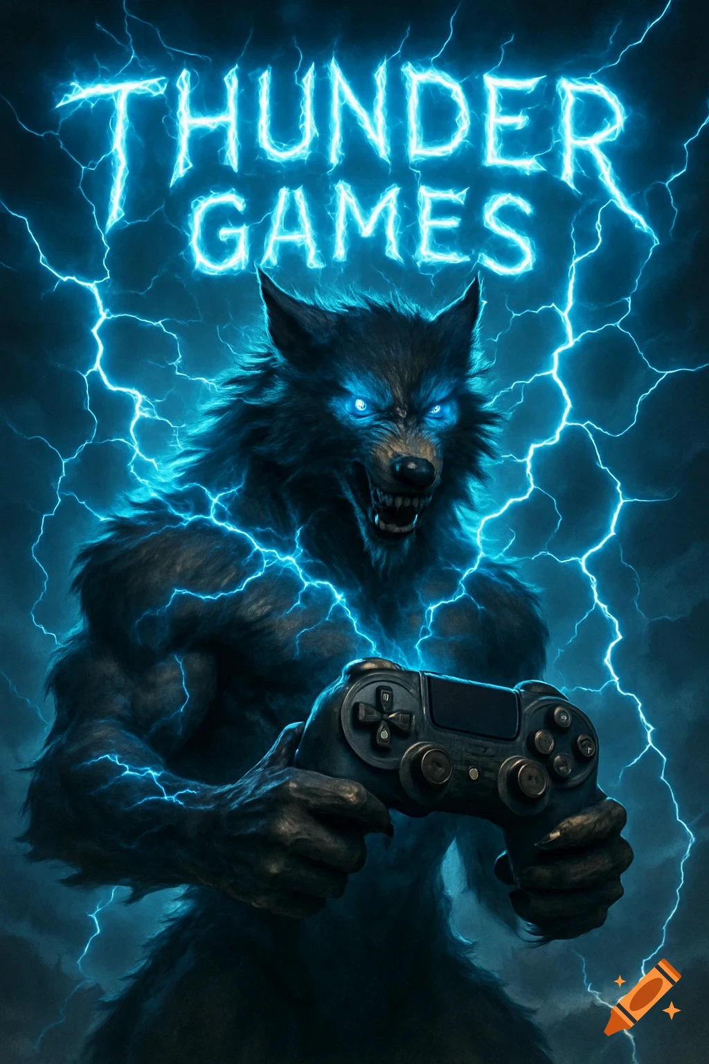 Muscular werewolf with glowing blue eyes, surrounded by electric blue lightning, holds a game controller. THUNDER GAMES text above.