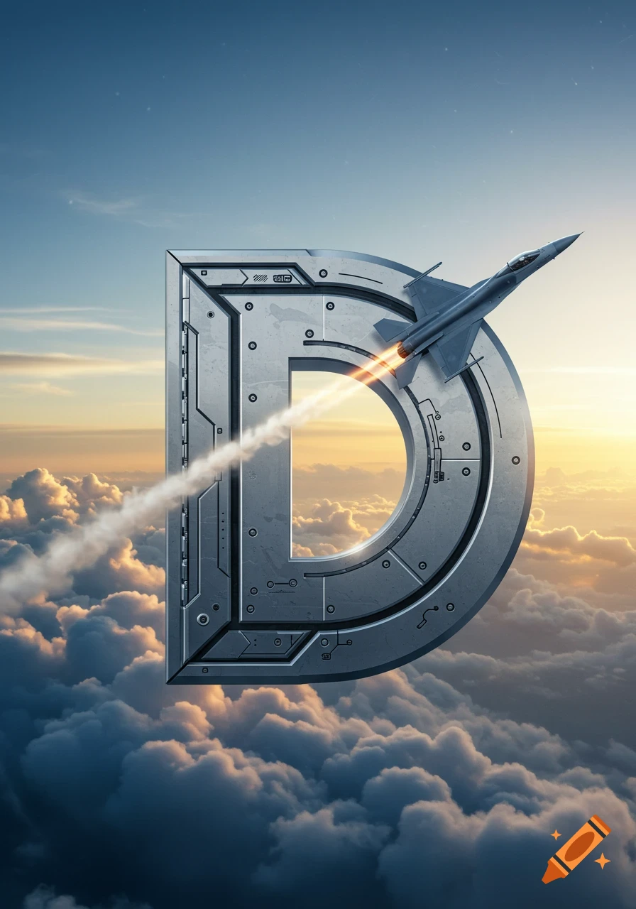A metallic letter D stands in the sky amidst clouds, with a fighter jet flying through its center leaving a contrail, during sunset.