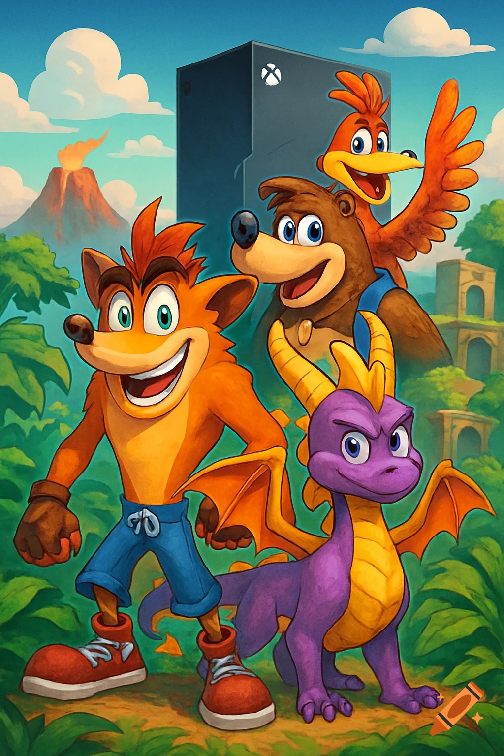 A vibrant cartoon illustration featuring Crash Bandicoot, Spyro, Banjo, and Kazooie in a jungle with an Xbox Series X.