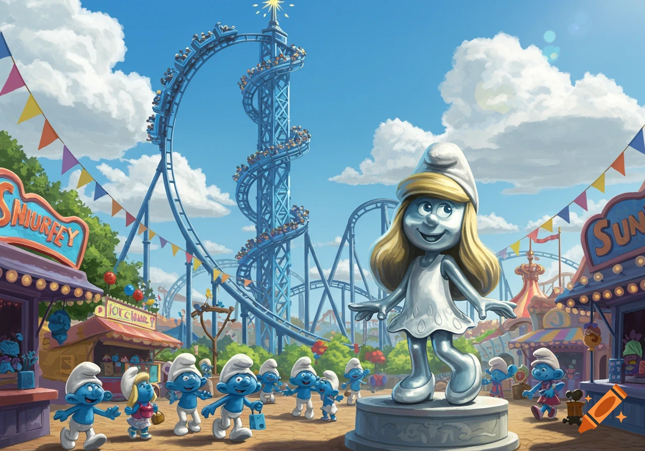 An outdoor Smurf-themed amusement park with a large silver Smurfette statue, a tall blue roller coaster, and many small Smurf characters walking around.