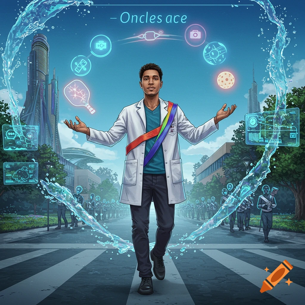 A man in a white lab coat and rainbow sash stands on a crosswalk in a futuristic city, surrounded by swirling water and floating icons.