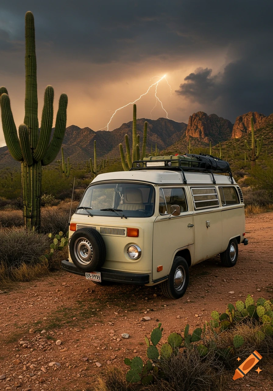 A vintage beige Volkswagen van parked on a dirt road in an Arizona desert with saguaro cacti, under a stormy sky with lightning striking distant mountains.