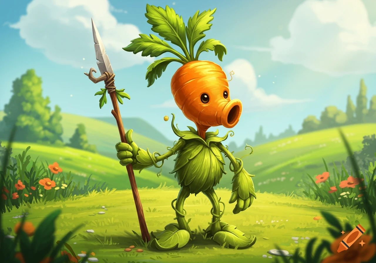 A cartoon plant character with a carrot head and green leafy body stands in a grassy field, holding a wooden spear.