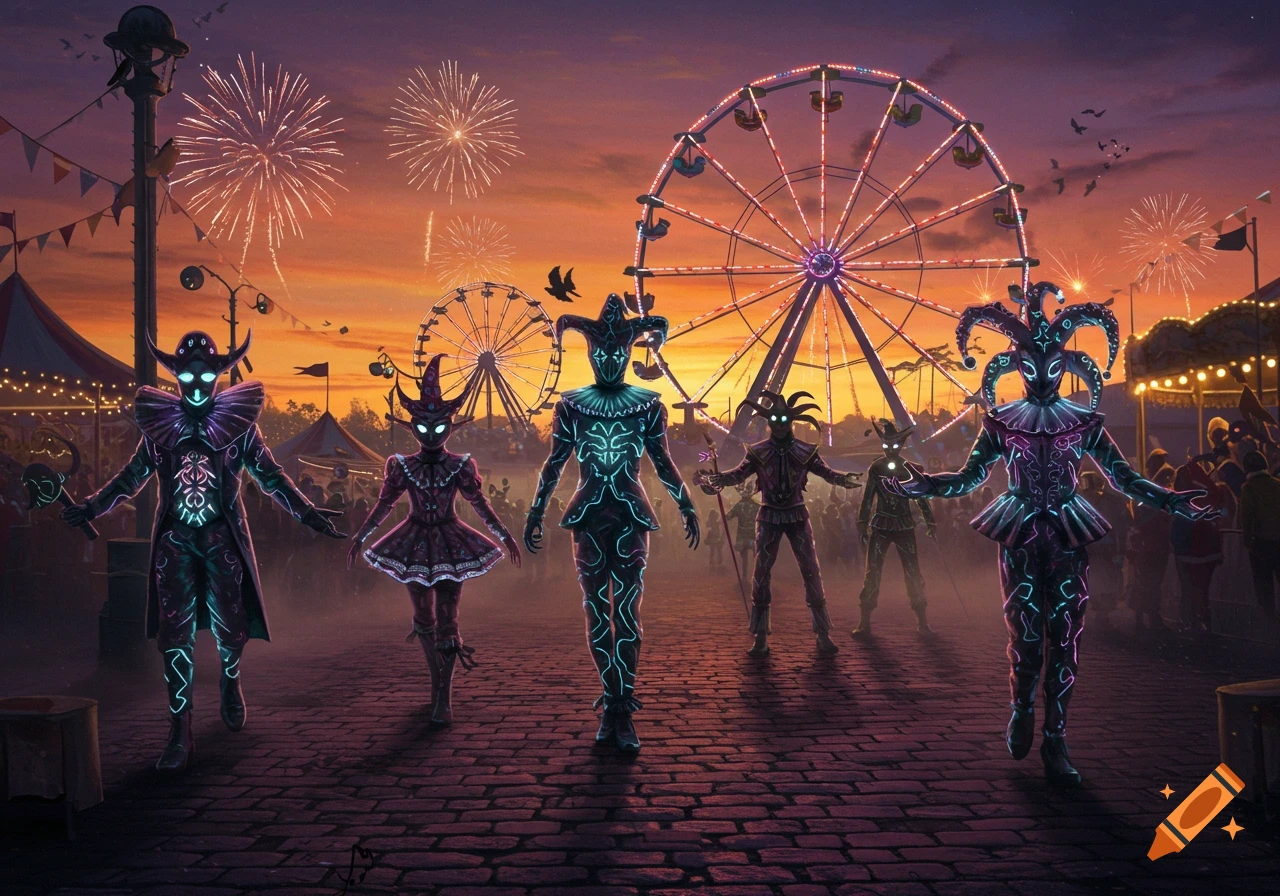 Glowing figures in jester costumes walk through a vibrant carnival at sunset with ferris wheels and fireworks.