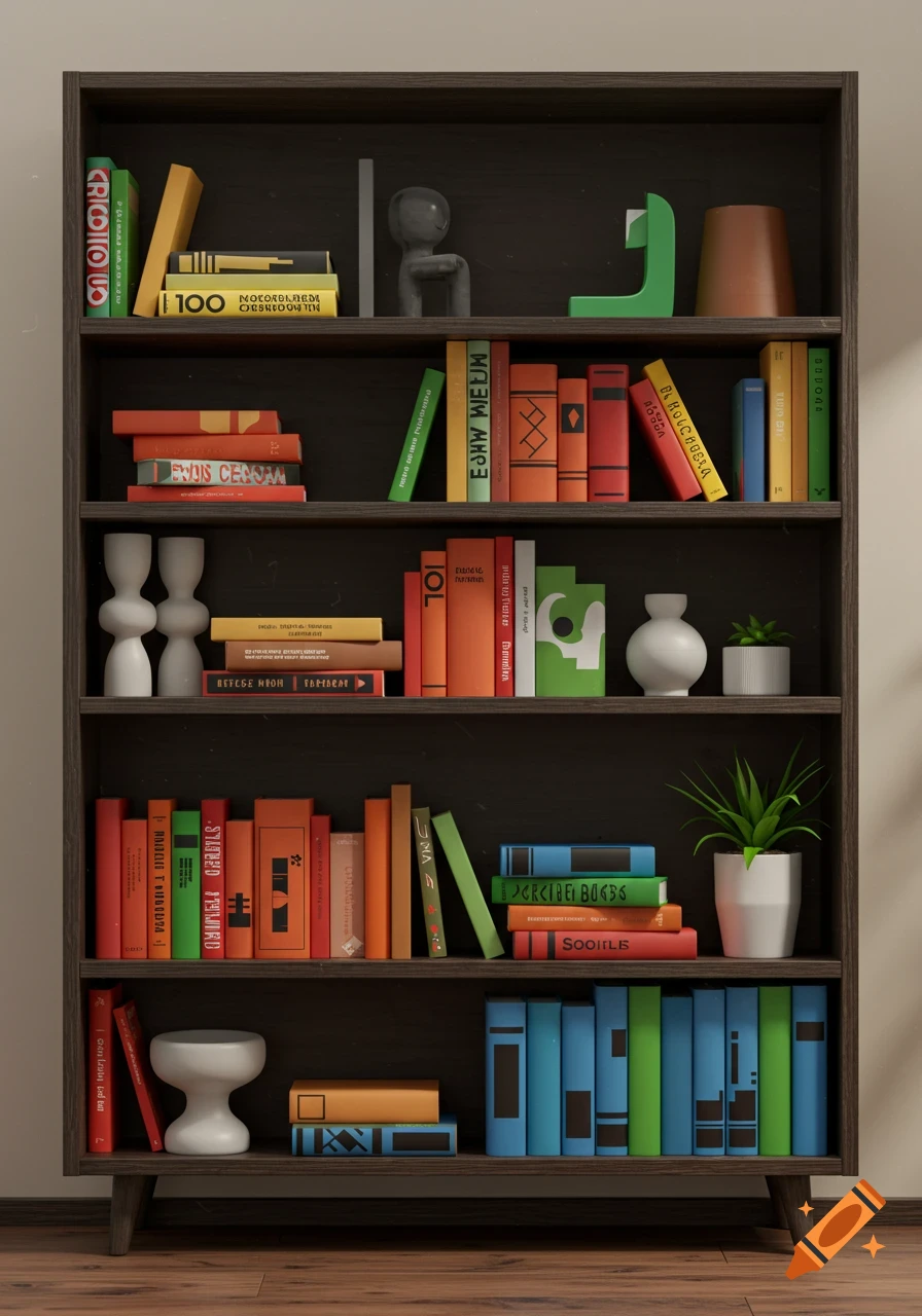 A modern wooden bookshelf filled with colorful books, decorative objects, and potted plants in a clean, graphic style.