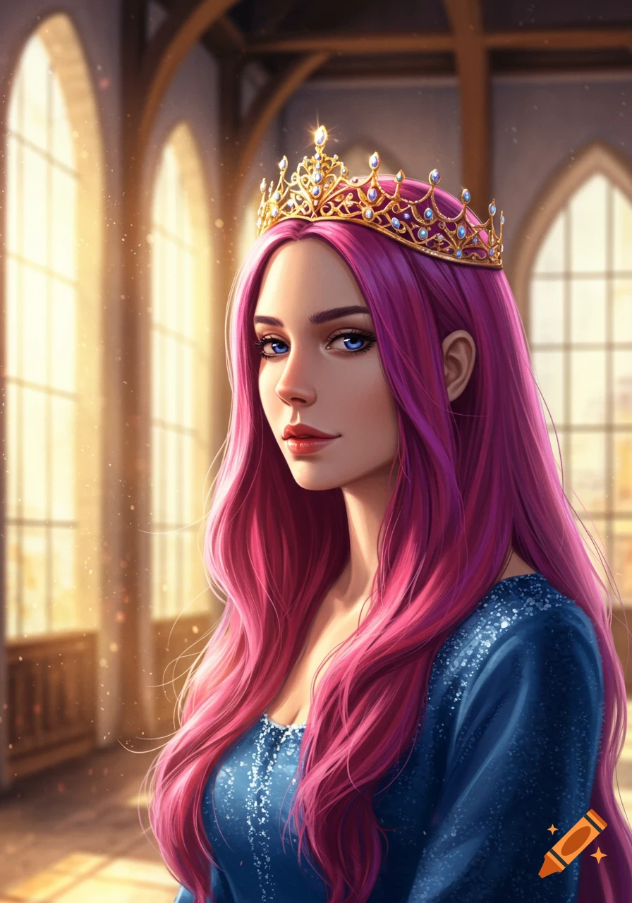 A fantasy digital art portrait of a woman with long pink hair, blue eyes, wearing a gold crown and a sparkling blue dress, in a grand hall.