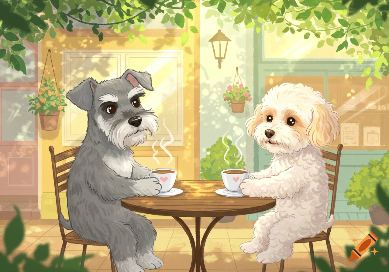 Cartoon illustration of a grey Schnauzer and a white Cockapoo sitting at an outdoor cafe table, each with a steaming cup of coffee.