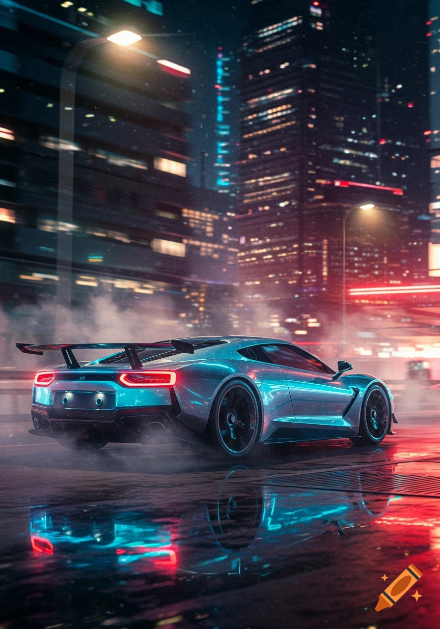 Sleek silver supercar with neon lights speeds on a wet city street at night, surrounded by blurred tall buildings.